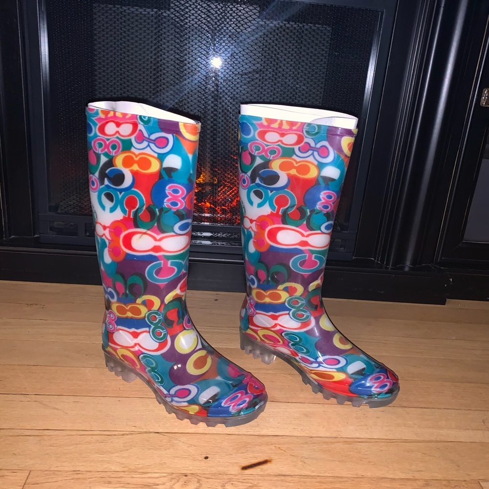 NIB Coach Pixy Multi Rain Boots Signature C Size 5